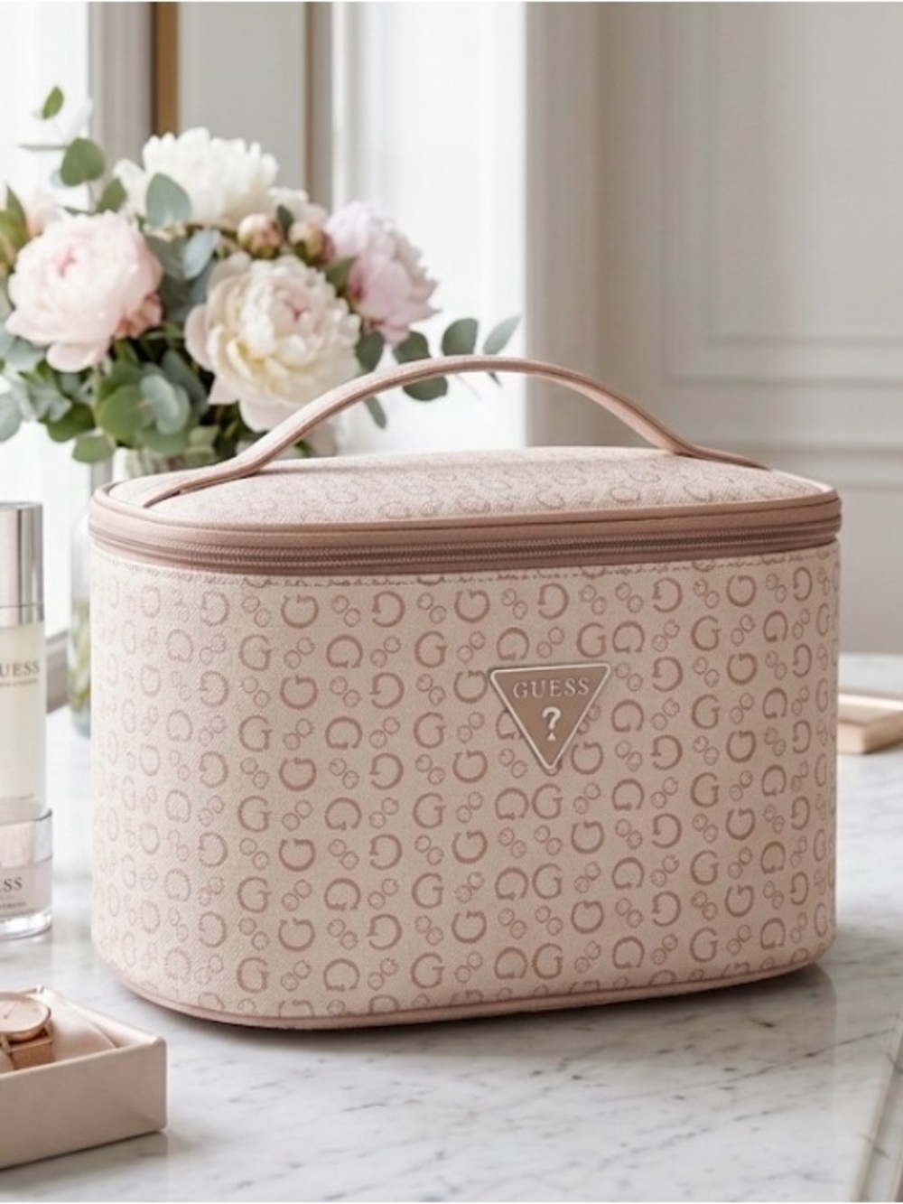 Guess Junction Travel Train Case Cosmetic Bag Light Rose Pink Monogram NWT